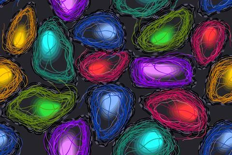 Balls of tangled threads with a glowing core on black background Stock Illustration