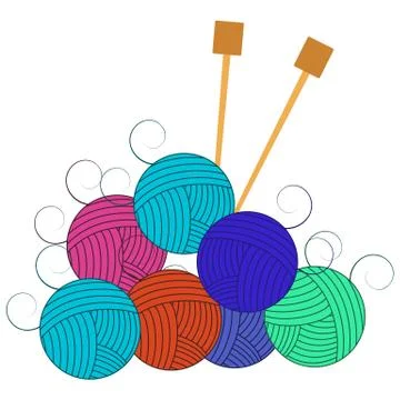 Balls of wool and knitting needles on a white background. Stock Illustration