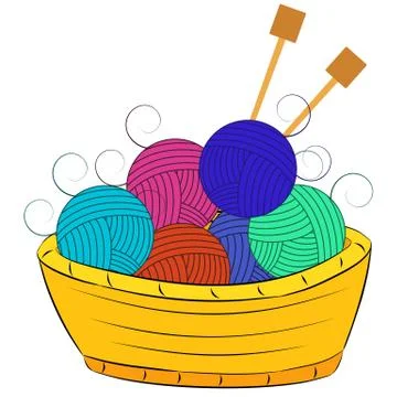 Balls of wool and knitting needles lie in a basket. Stock Illustration
