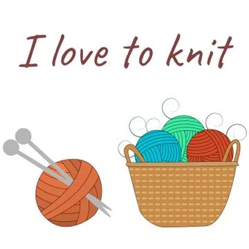 Balls of wool and knitting needles lie in a basket. Stock Illustration