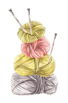 Balls of yarn threads in different color with knitting needles. Watercolor hand Stock Illustration