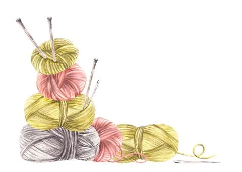 Balls of yarn threads in different color with knitting needles. Watercolor hand Stock Illustration