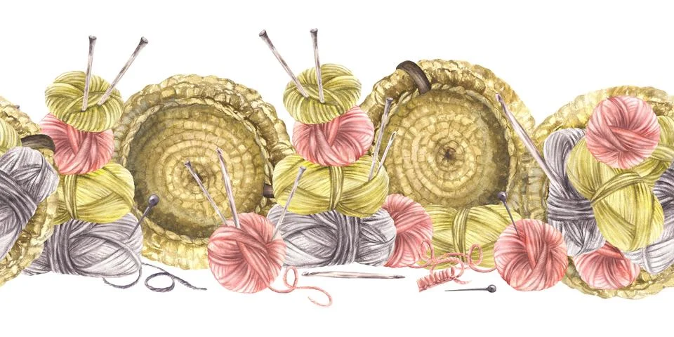 Balls of yarn threads in different color with knitting needles. Watercolor Illustrazione stock