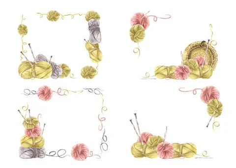 Balls of yarn threads in different color banner, frame set. Watercolor hand.. Illustrazione stock