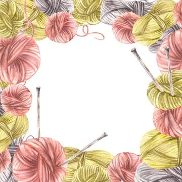 Balls of yarn threads with hobby knitting needles square frame. Watercolor hand Illustrazione stock