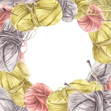 Balls of yarn threads with hobby knitting needles square frame. Watercolor hand Stock Illustration