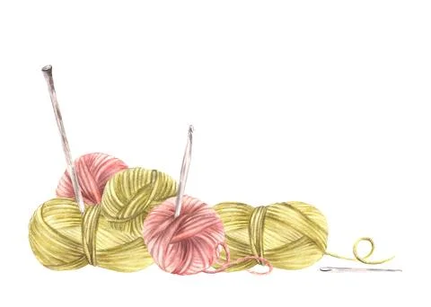 Balls of yarn threads with knitting needles. Watercolor hand drawn illustration Stock Illustration