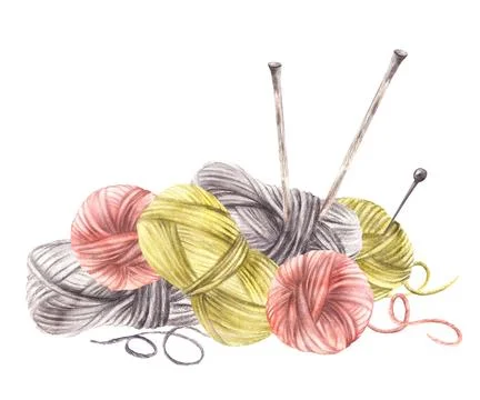 Balls of yarn threads with knitting needles. Watercolor painted illustration Stock Illustration