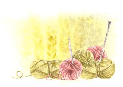 Balls of yarn threads with knitting needles on yellow watercolor background Stock Illustration