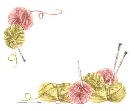 Balls of yarn threads with knitting needles banner. Watercolor hand drawn Stock Illustration