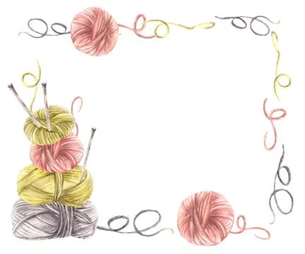 Balls of yarn threads with knitting needles banner, frame. Watercolor hand drawn Stock Illustration