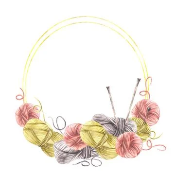 Balls of yarn threads with knitting needles circle frame. Watercolor Stock Illustration