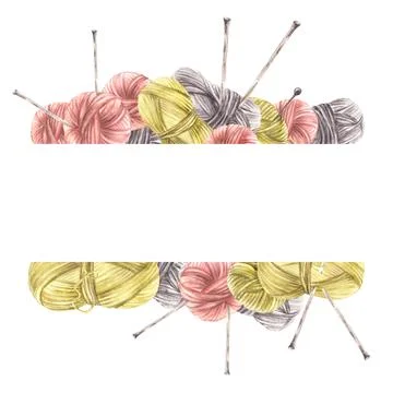 Balls of yarn threads with knitting needles rectangular frame. Watercolor Stock Illustration
