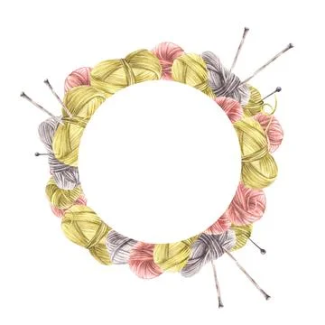 Balls of yarn threads with knitting needles circle frame. Watercolor painted Stock Illustration