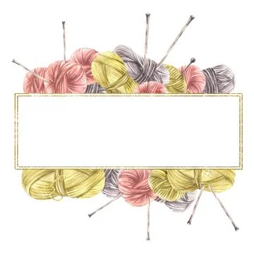 Balls of yarn threads with knitting needles golden rectangular frame. Watercolor Stock Illustration