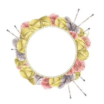 Balls of yarn threads with knitting needles gold framed. Watercolor painted Stock Illustration