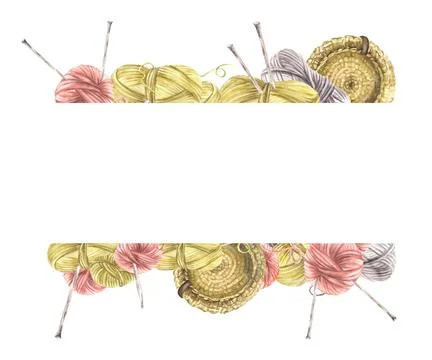 Balls of yarn threads with knitting needles and knitted basket square frame Stock Illustration