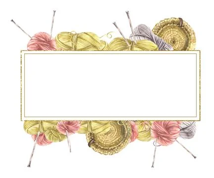 Balls of yarn threads with knitting needles golden rectangular frame. Watercolor Illustrazione stock