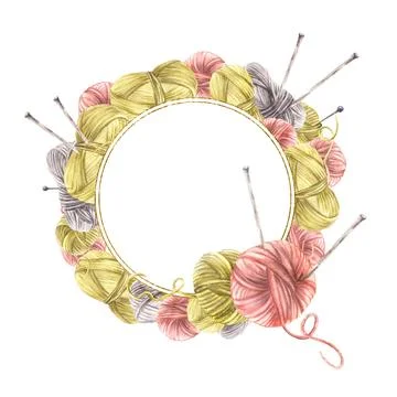 Balls of yarn threads with knitting needles gold framed. Watercolor painted Illustrazione stock