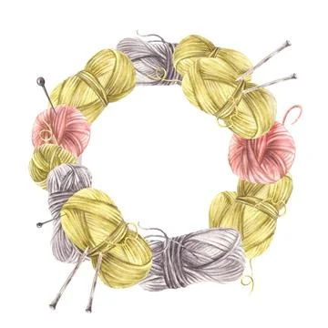 Balls of yarn threads with knitting needles wreath, circular frame. Watercolor Illustrazione stock