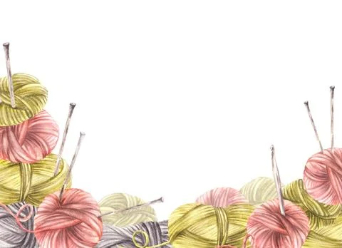 Balls of yarn threads with knitting needles banner, frame. Watercolor hand drawn Illustrazione stock