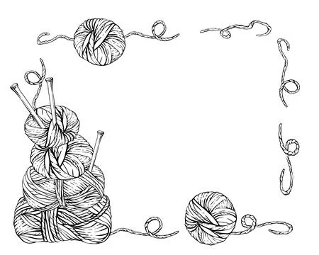 Balls of yarn, threads with knitting needles banner, frame Vector line art hand Illustrazione stock