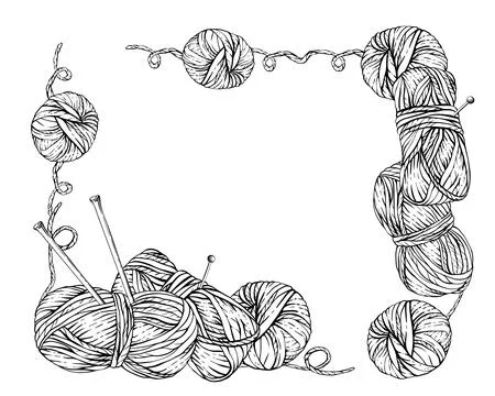 Balls of yarn, threads with knitting needles rectangular frame. Vector hand Illustrazione stock