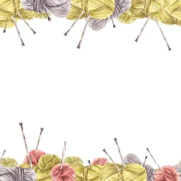 Balls of yarn threads with knitting needles seamless frame Watercolor hobby Stock Illustration