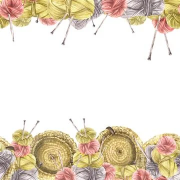 Balls of yarn threads with knitting needles seamless border frame Watercolor Stock Illustration