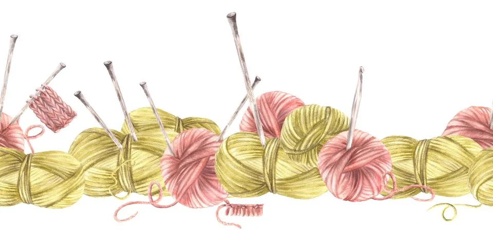 Balls of yarn, threads with knitting needles. Watercolor painted hobby Stock Illustration