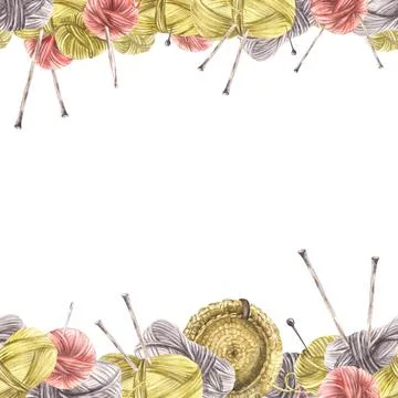 Balls of yarn threads with knitting needles seamless frame border. Watercol.. Stock Illustration