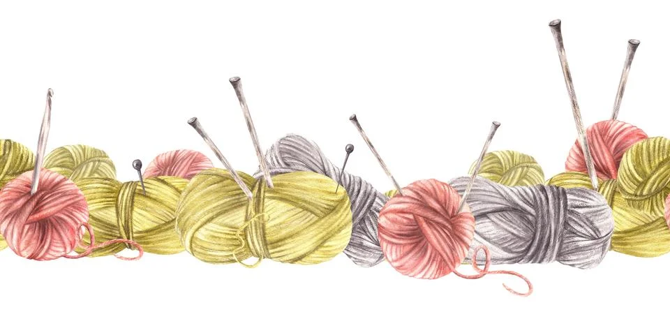 Balls of yarn threads with knitting needles seamless border. Watercolor hob.. Illustrazione stock