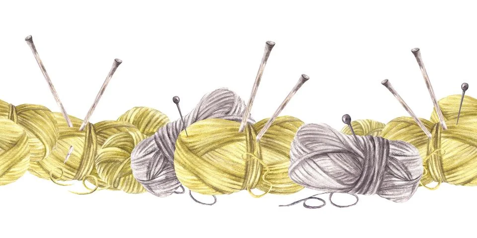 Balls of yarn threads with knitting needles seamless border Watercolor hand.. Illustrazione stock