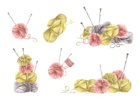 Balls of yarn threads with knitting needles. Watercolor painted illustratio.. Stock Illustration