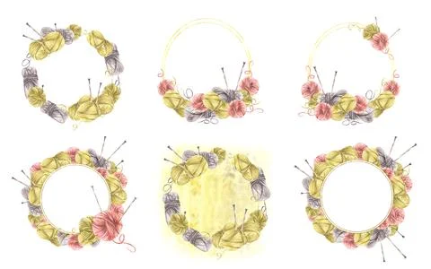 Balls of yarn threads with knitting needles wreath set. Watercolor painted .. Stock Illustration