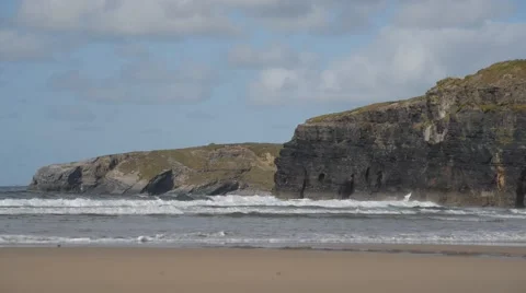 Ballybunion beach cliffs and waves Stock Footage 49383491