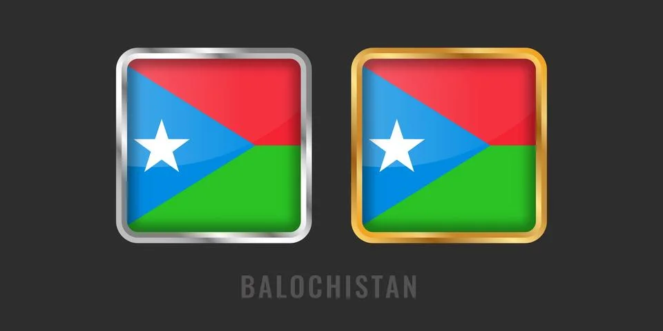 Balochistan Flag Square 3D Button Set in Gold and Silver Frames Illustrazione stock