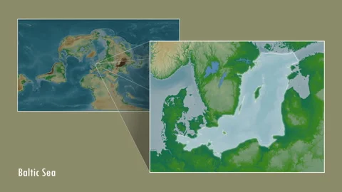 Baltic Sea excluding sub-basins. Physical map. Patterson Cylindrical. Diagram Stock Footage 296895391