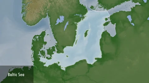Baltic Sea excluding sub-basins. Pale map. Patterson Cylindrical. Close-up Stock Footage 298909147