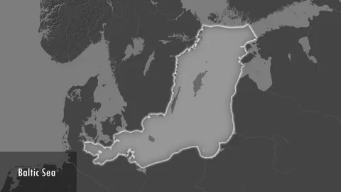 Baltic Sea excluding (without) sub-basins. Bilevel map. Close-up Stock Footage 293164167