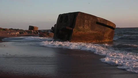 Baltic wave crashes against an abandoned building on the coast Stock Footage 143615478