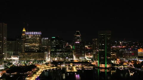 Baltimore-Inner Harbor Fly in to Downtown Night Stock Footage 200787647
