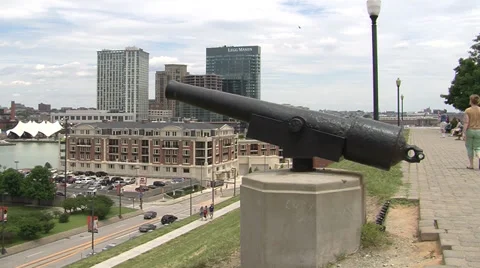 Baltimore inner harbor pan with canon Stock Footage 35725046