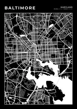 Baltimore Map Wall Art Frame, Cartography Map Print, City Layout Map Stock Illustration