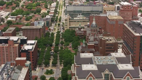 Baltimore, Maryland circa-2017, Aerial view of Johns Hopkins Hospital building.  Stock Footage