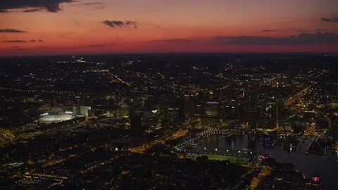 Baltimore, Maryland circa-2017, Aerial view of Baltimore at sunset.  Shot with Stock Footage