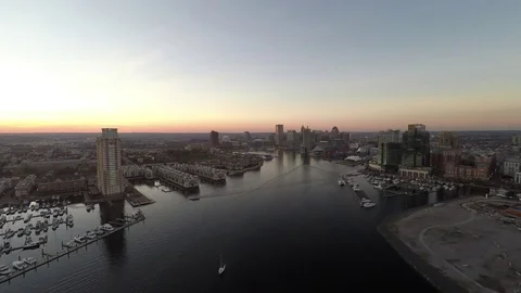 Baltimore MD Aerial, Inner Harbor Sunset 1 Stock Footage 81415403