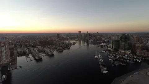 Baltimore MD Aerial, Inner Harbor Sunset 3 Stock Footage 81416293