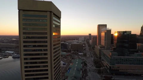 Baltimore MD Aerial, Inner Harbor World Trade Center at Sunset 1 Stock Footage 89778023