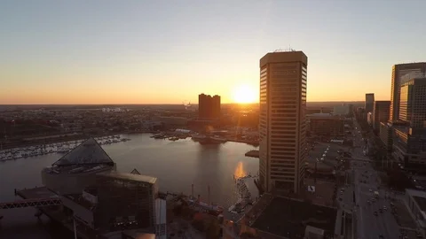 Baltimore MD Aerial, Inner Harbor Sunset 5 Stock Footage 89792364